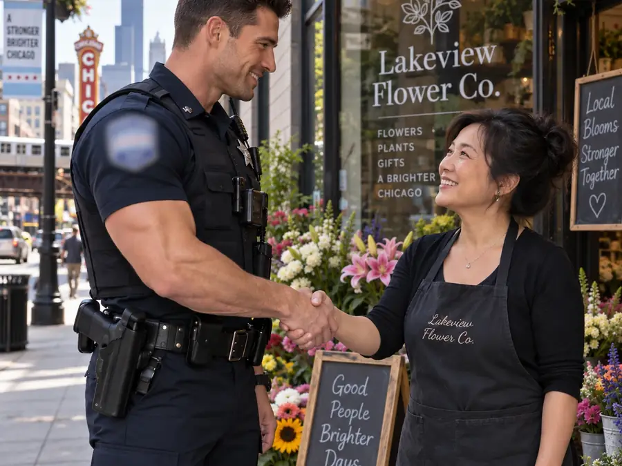 A sworn off-duty police officer shaking hands with a flower shop owner in front of her store